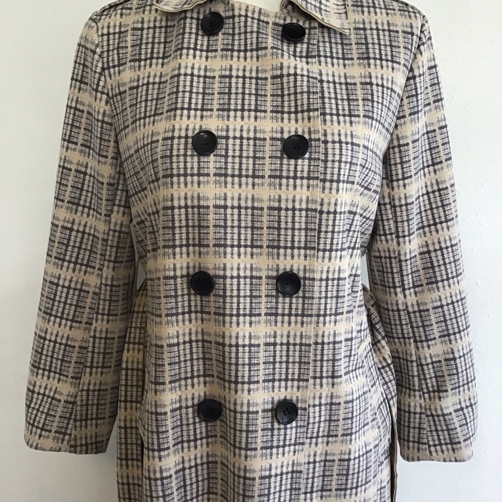 Solitaire Women Plaid Double Breasted Tie Belt Trench Jacket S Beige Black - Picture 9 of 15